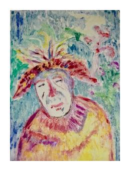 Monotype portrait of a male figure in bright colors - reds, purples, yellows, and blues.