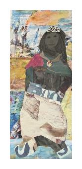 Mixed media portrait of a woman in earthy tones. 