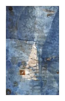Abstract painting in indigo and rust shades. 
