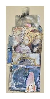 Collage stitchery of an abstract landscape in blues and brows. 