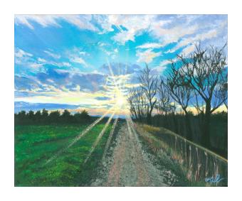 Acrylic on canvas landscape of a rocky path alongside a green field. Done in greens, yellows, and bluesx.