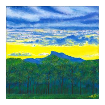 Acrylic on canvas painting of a forested landscape, done in greens, blues, and yellows.