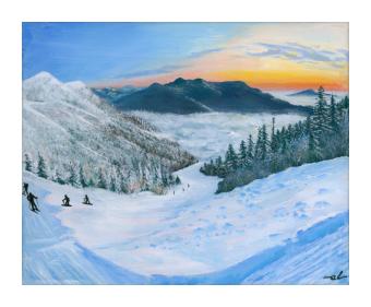 Acrylic on canvas painting of a snowy landscape depicting equal parts forest and mountain. Primarily in whites, blues, greens, and oranges. 