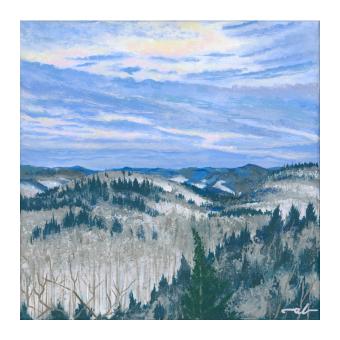 Acrylic on canvas of a winter forest, done in blues, whites, and greens. 