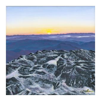 Acrylic on canvas depicting the above view of a mountain sunrise. Done in whites, blues, and yellows.