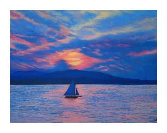 Acrylic on canvas landscape depicting a sailboat on the water. Primarily done in blues with a tad of orange.