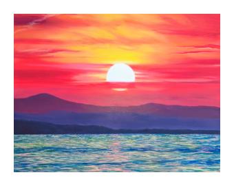 Acrylic on canvas depicting a waterscape primarily focusing on the setting sun. Mostly done in pinks and blues.