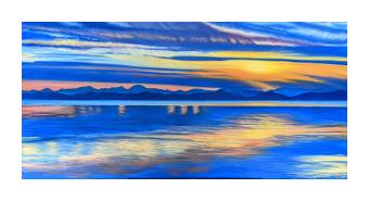 Acrylic on canvas of a waterscape where the sky's colors reflects into the water. Blues and yellows. 