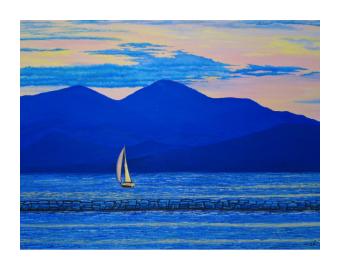 Acrylic on canvas of the water in the shadow of a mountain. Primarily done in blues and yellows.