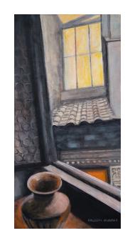 Acrylic piece depicting a view from the inside of a building window, peeking through to the opposing window which exudes warmth in an orange. tone