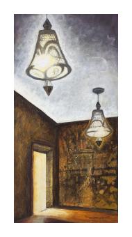 Mixed media depicting a room almost floating, where a doorway exudes warmth and the ceiling exudes divinity, lit by two unique lamps. 