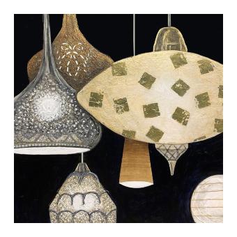 Mixed media depicting a series of unique lamps on a black background.