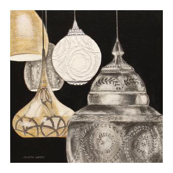 Mixed media depicting a series of unique lamps on a black background.