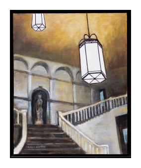 Acrylic marker depicting a grand foyer with a marble staircase and statue, an emphasis on the lamps lighting the area.
