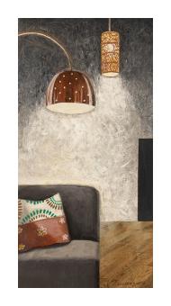 Mixed media depicting a living room scene  (couch and throw pillows) illuminated by two lamps. There is an ominous blacked out doorway