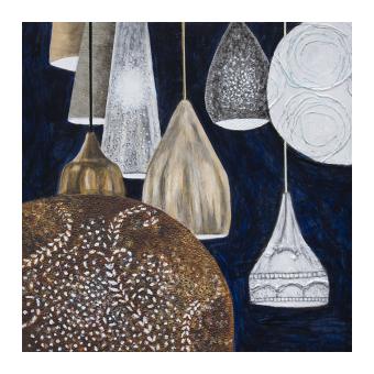 Mixed media depicting a series of unique lamps on a deep blue background.