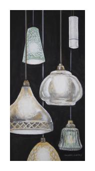 Mixed media depicting a series of unique lamps with dangling cords on a black background.