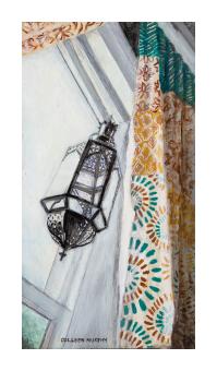 Painting depicting a moroccan lantern in a window sill where the curtains, vibrantly patterned in teal and orange, are pulled back to reveal it.