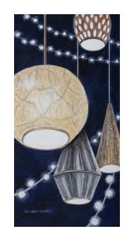 Mixed media depicting a series of unique lamps on a black background. There are blue fairy lights across the background.