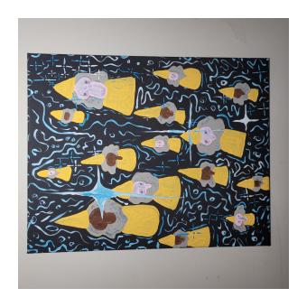 Painting depicting a group of gnome-like individuals in yellow among a black background covered with blue squiggles and stars.