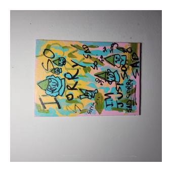 Abstract acrylic depicting various gnomes surrounded by apologies on a yellow, green, blue, and pink background where the colors melt into each other