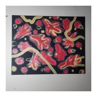 Acrylic depicting organic shapes in red on a black background, outlined occasionally in a pale yellow.