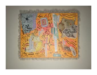 Acrylic painting depicting a collage style of statements on an orange background