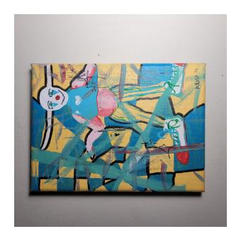 Acrylic on canvas depicting an abstracted view of a figure wearing clown paint on a divided teal and orange background.