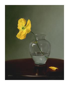 Oil still life of a single yellow flower in a vase -- one petal laying on the table.