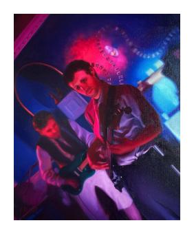 Oil painting of two male figures bathed in red and blue playing guitar.