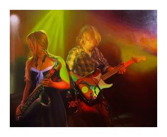 Oil painting in vibrant greens and oranges of two female figure playing on stage -- one a saxaphone, one a guitar.