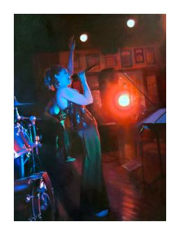 Oil painting of a woman bathed in blue singing.