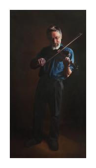 Oil painting of a man playing violin. 