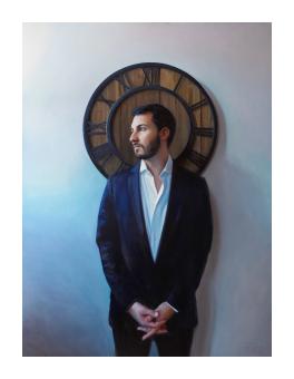 Oil painting of a man in a suit looking to the left of the portrait in front of a clock. Cool tones.