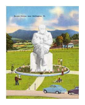 Illustration depicting a large statue of Bernie Sanders with mittens in a public park.