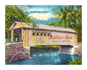 A giant loaf of sliced bread serves as a bridge over a river in a lush, green mountain valley.