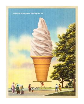 Illustration of a strongman carrying a colossal creemee ice cone through a public area.