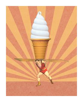 A giant, strongman carries a massive maple creemee cone.