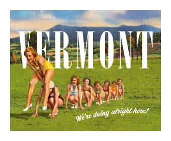 Postcard style illustration in a cow field where a line of children are jumping over each other's shoulders