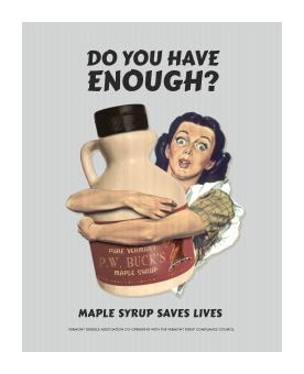 Illustration where a woman is holding a colossal jug of mountain syrup in shock, captioned by 'Do you have enough?'