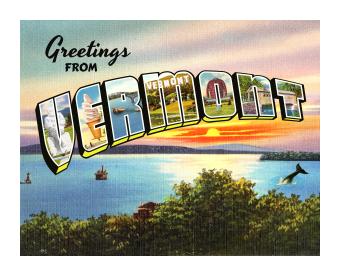 Postcard style illustration saying 'Greetings from Vermont" where every letter of Vermont has one of the artist's works.