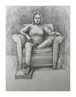 Graphite piece depicting a woman sitting in an arm chair, staring at the viewer with one leg crossed under herself.