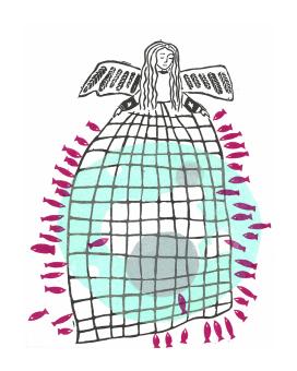 Linocut of an angelic figure where the lower half is a net and several fish are swarming around it. 