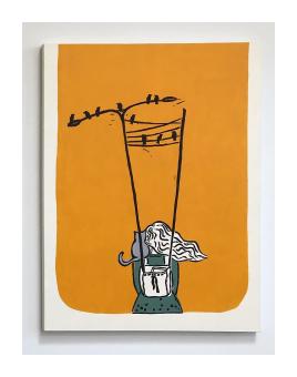 Oil painting depicting the back of a woman whos backpack connects to a telephone line where birds are perched, orange background. 