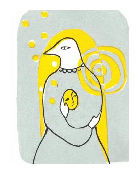 Linocut where a human figure with a bird head cradles a human face. Yellow background with spiral and dots. 