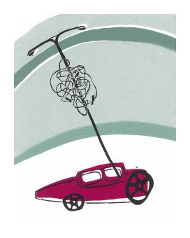 Linocut depicting a magenta car carrying a telephone wire. 