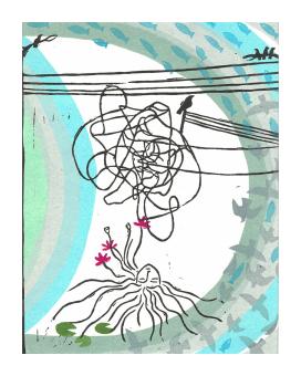 Linocut depicting a female figure made of telephone wires.