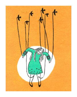 Linocut depicting a female figure in green being lifted into the sky by several birds. White emphasis circle on orange background