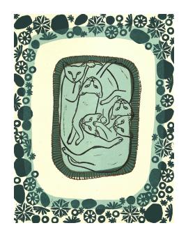 Linocut in shades of green depicting several cats crammed into a small rectangle - foliage decoration at edges. 