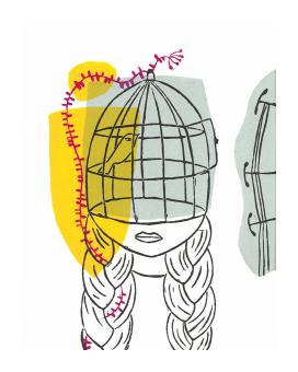 Linocut depicting a female portrait where the top half of her face is replaced by a bird in a bird cage. 